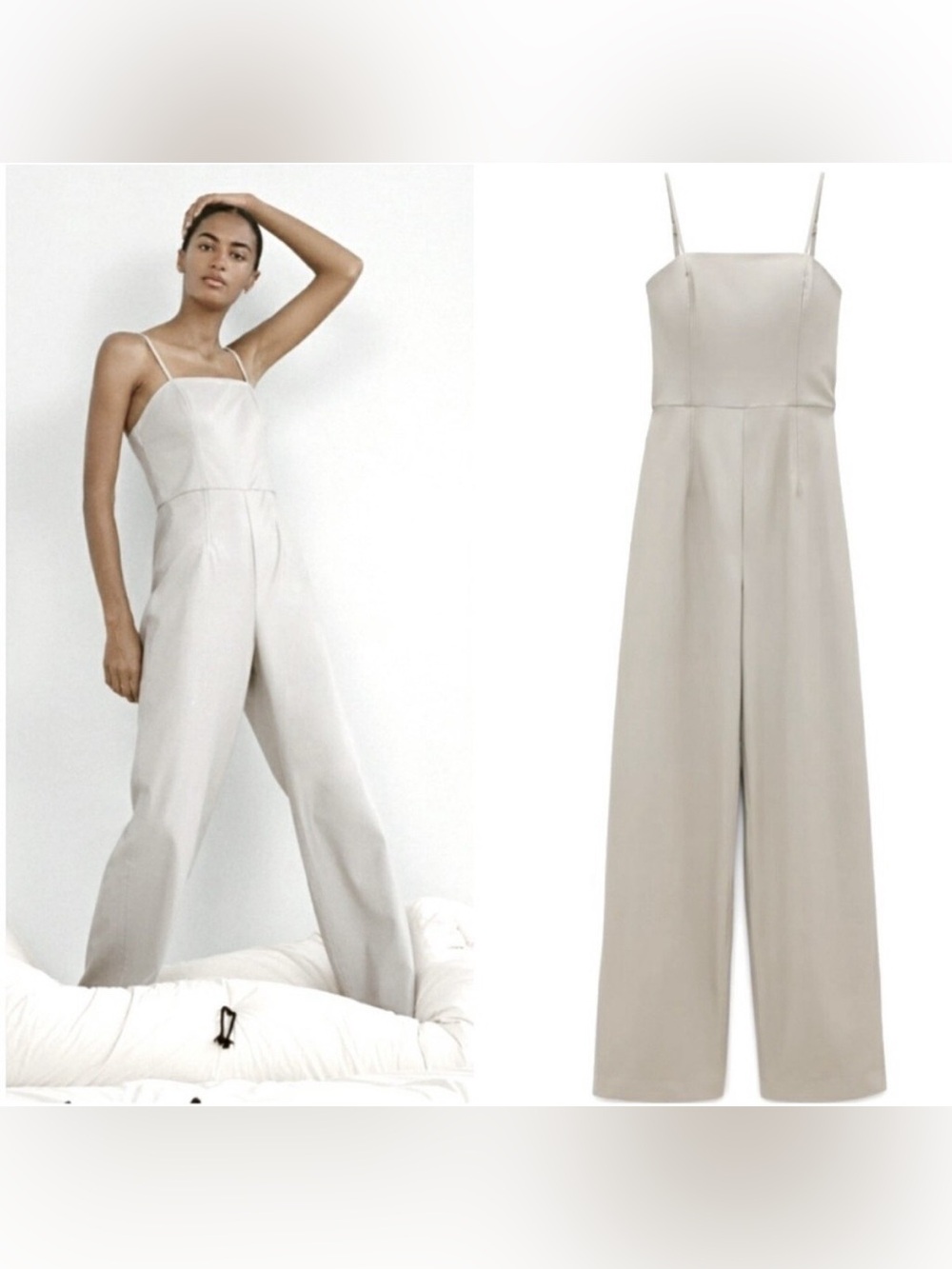 Zara faux leather Beige Wide-Leg Jumpsuit with Spaghetti Straps